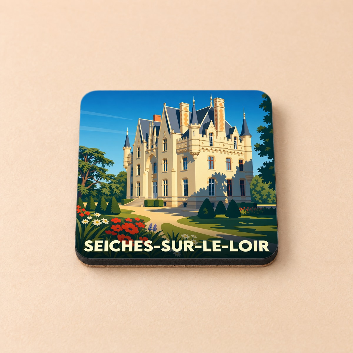 Dessous de verre souvenir de Seiches-sur-le-Loir illustré d'un château de style Renaissance dans un jardin fleuri.