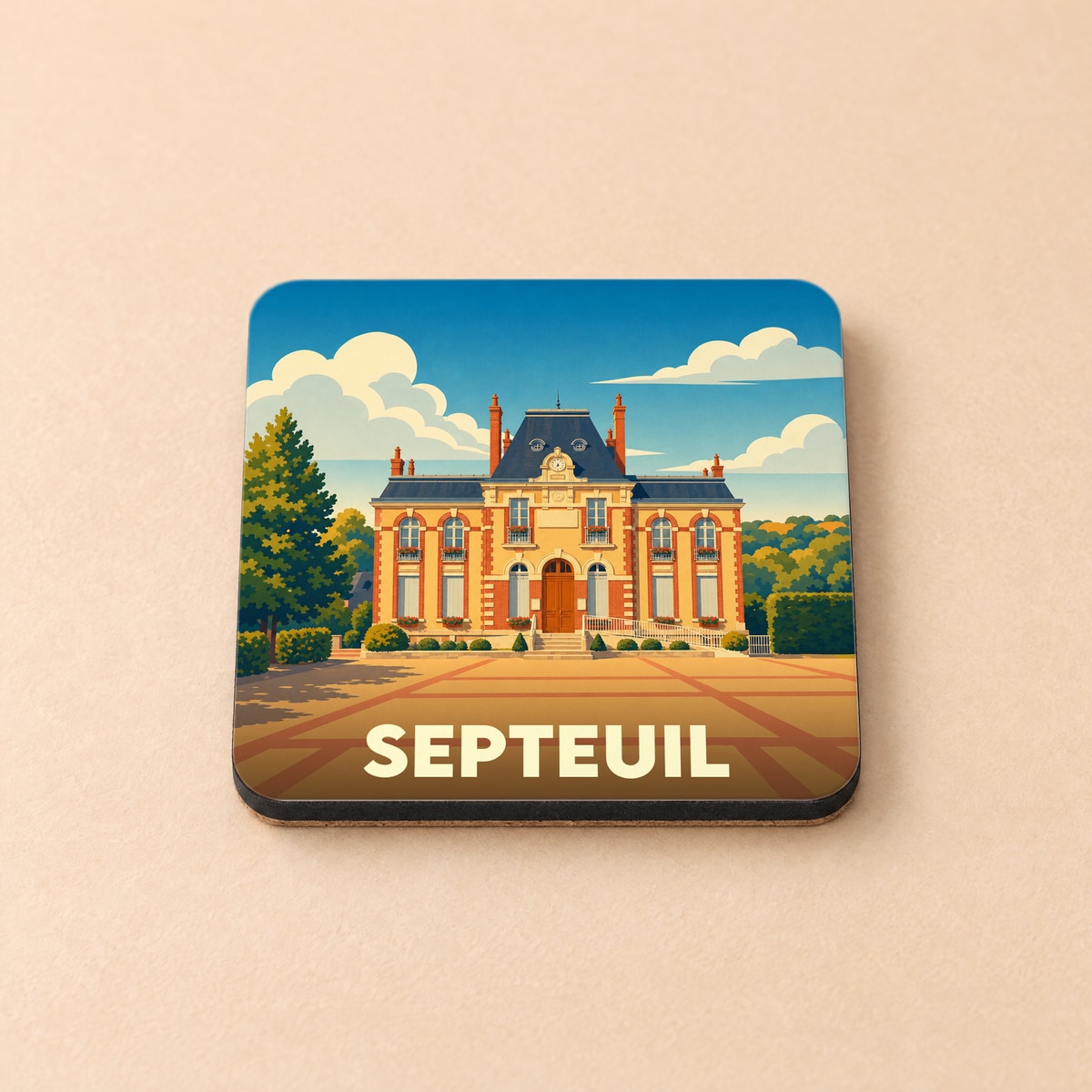 Dessous de verre souvenir de la ville de Septeuil avec une illustration stylisée de sa mairie.