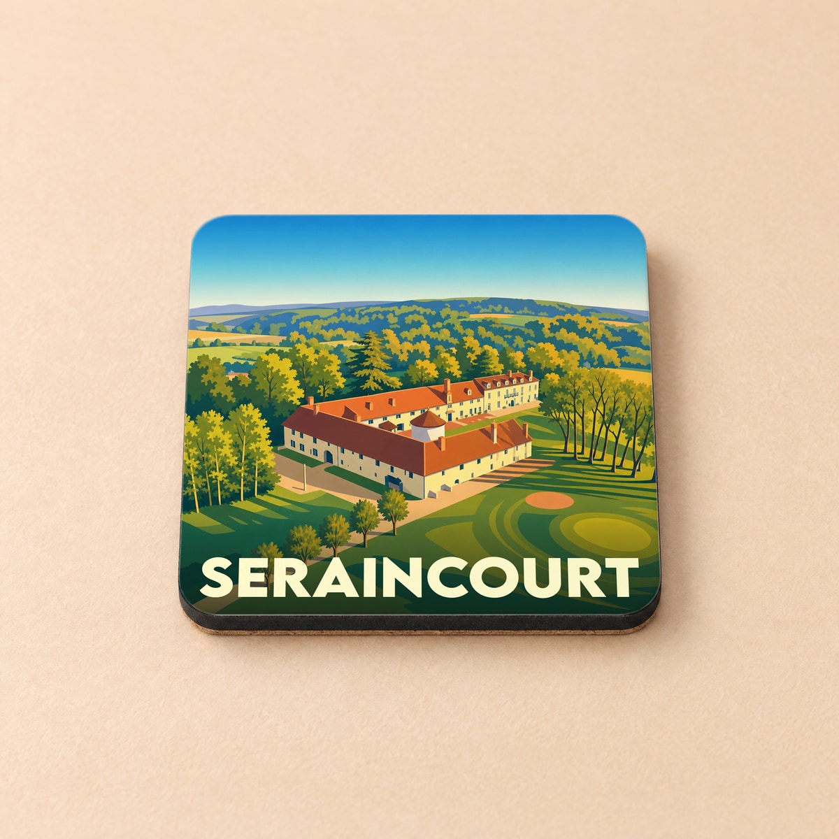 Dessous de verre souvenir de la ville de Seraincourt avec une illustration stylisée d'un domaine dans la campagne.