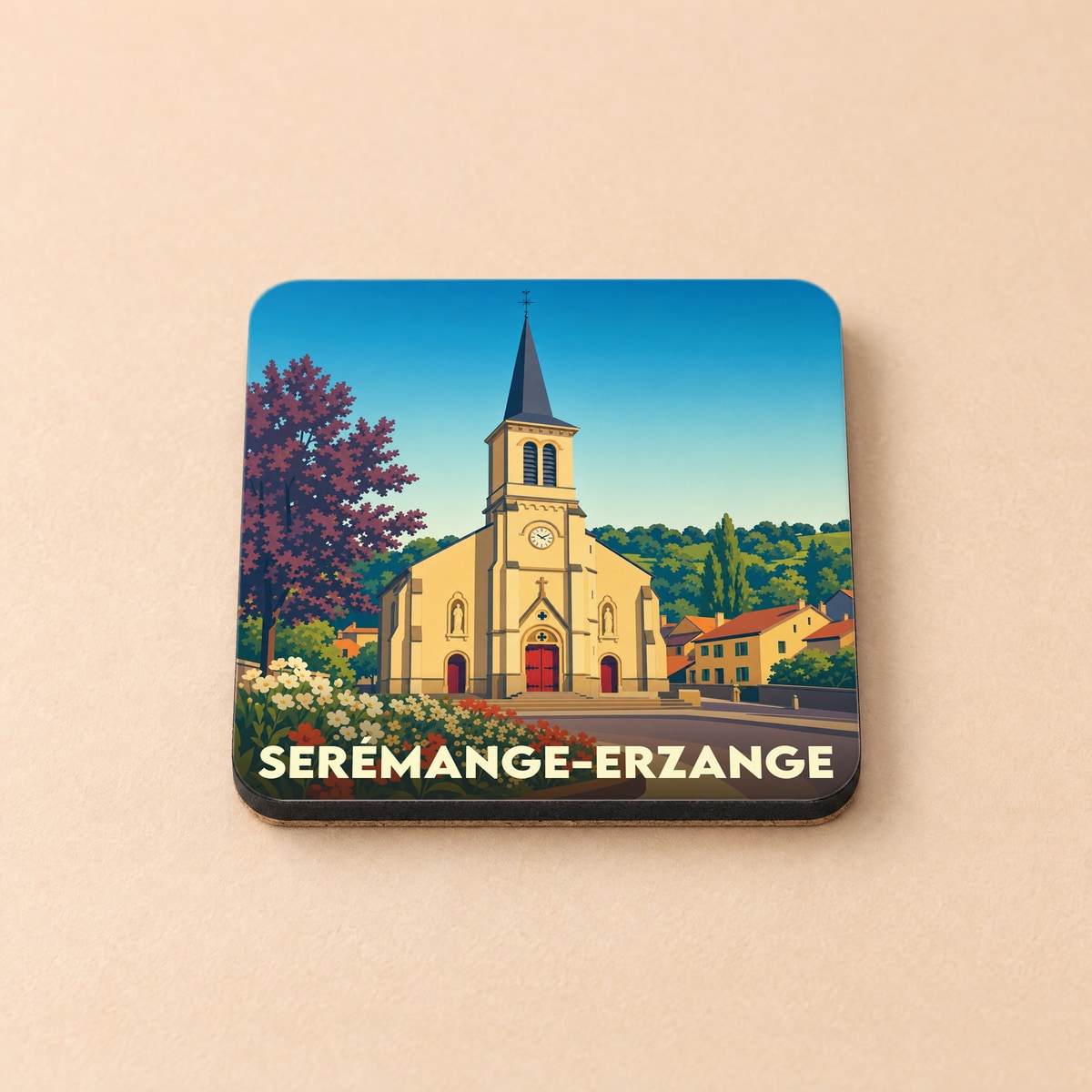 Dessous de verre souvenir de la ville de Serémange-Erzange avec une illustration stylisée de son église.