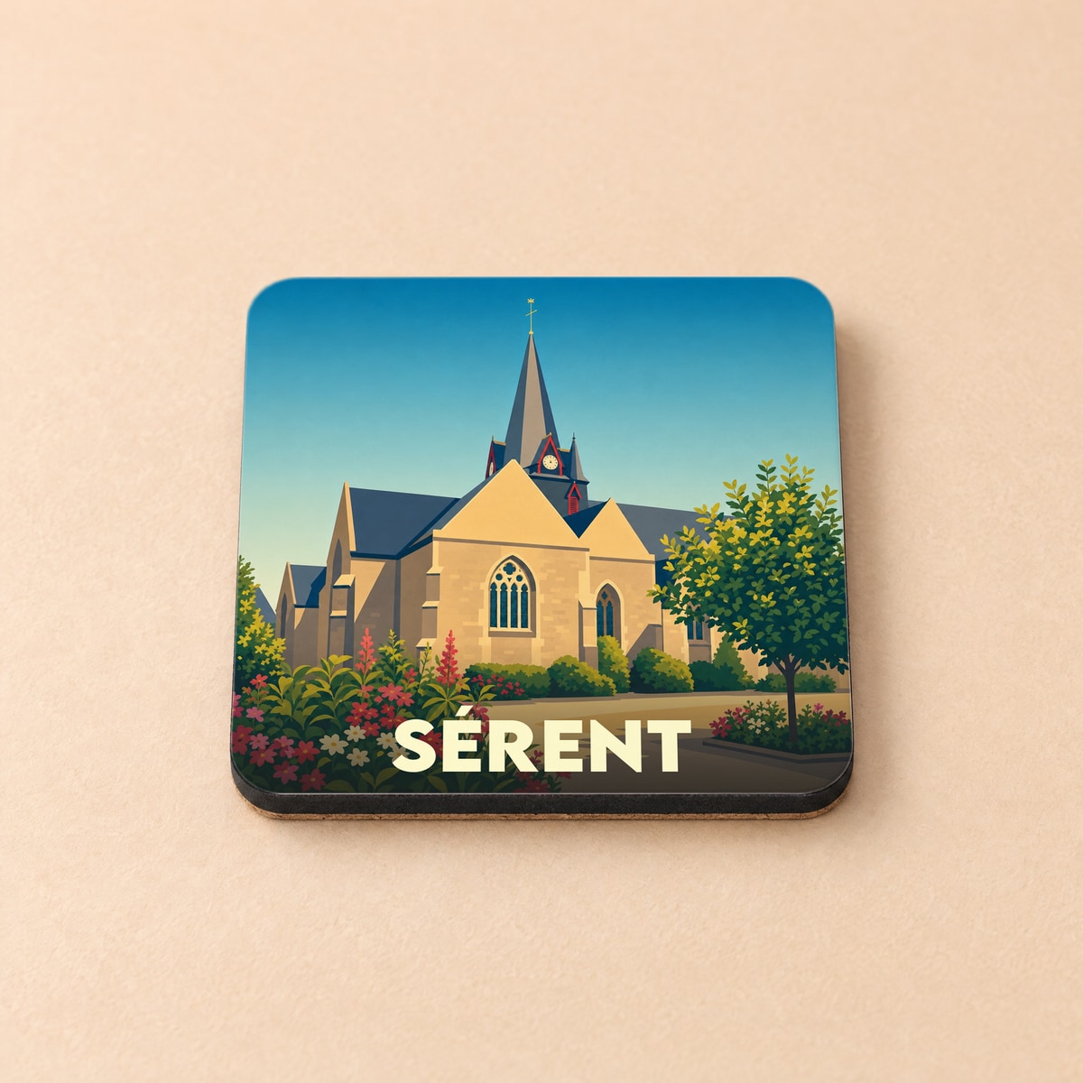 Dessous de verre souvenir de la ville de Sérent avec une illustration stylisée de son église et de jardins fleuris.
