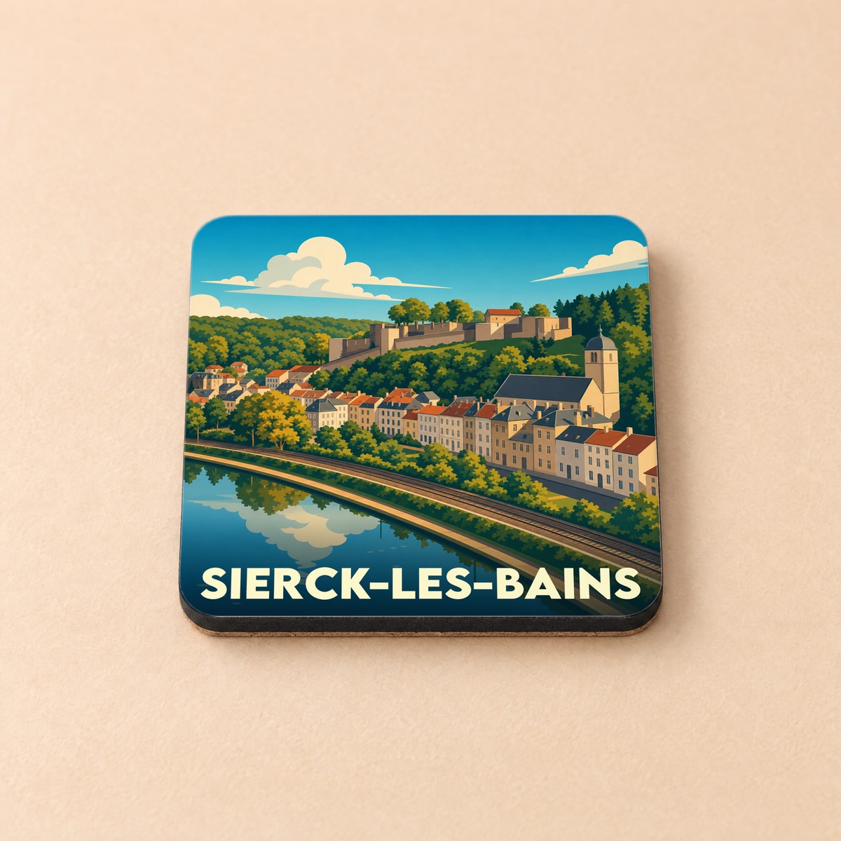 Dessous de verre souvenir de la ville de Sierck-les-Bains avec une illustration stylisée.