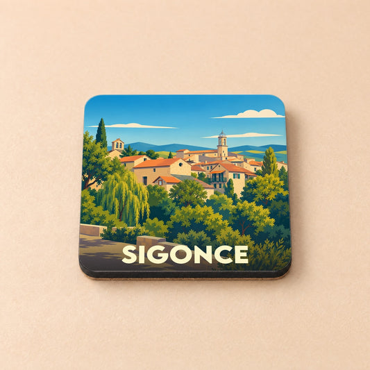 Dessous de verre souvenir de la ville de Sigonce avec une illustration stylisée d'un village provençal.