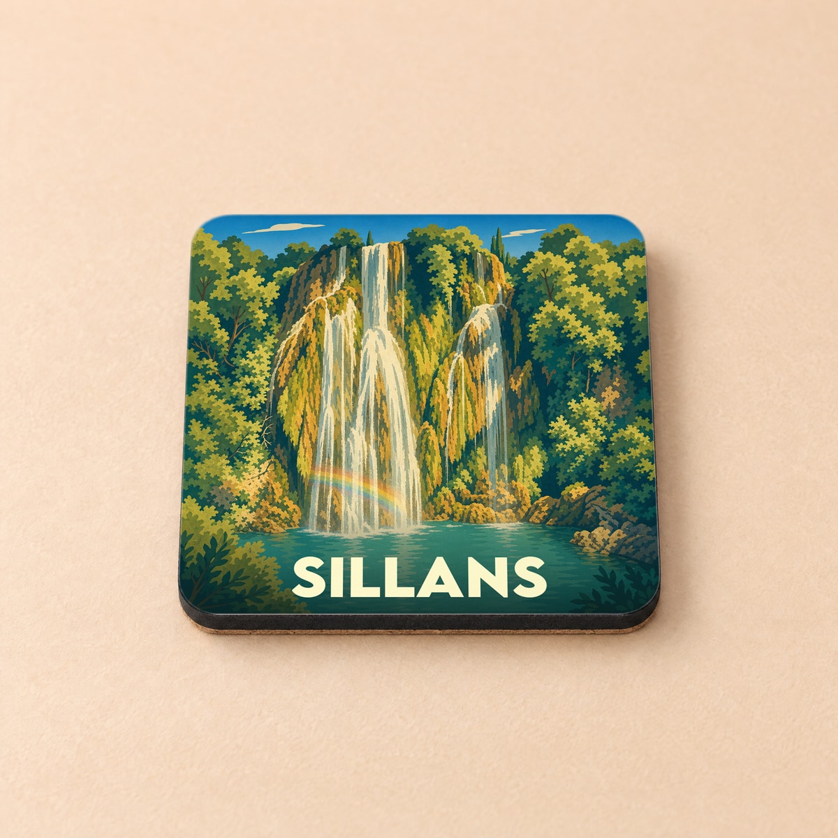 Dessous de verre souvenir de la ville de Sillans orné d'une illustration stylisée de sa célèbre cascade.