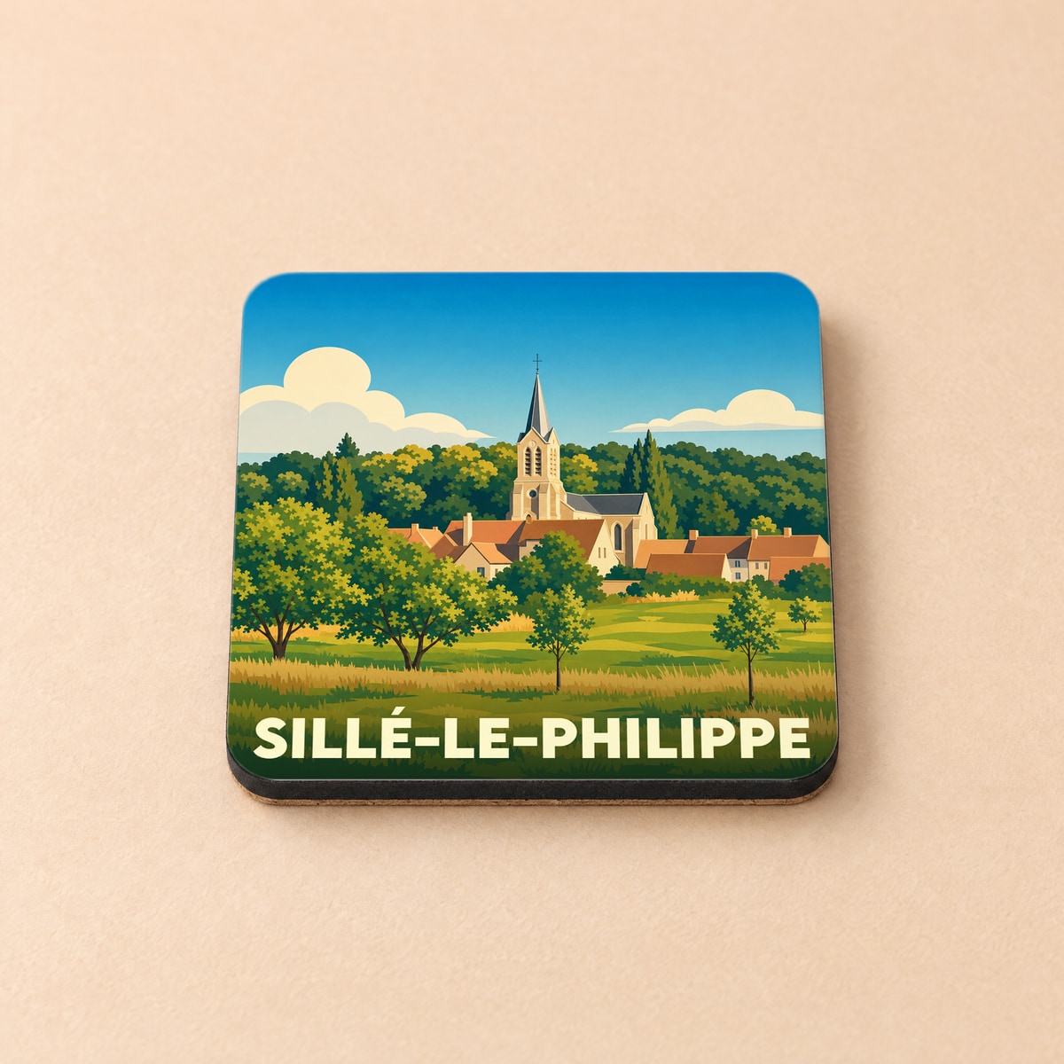 Dessous de verre souvenir de la ville de Sillé-le-Philippe avec une illustration stylisée.