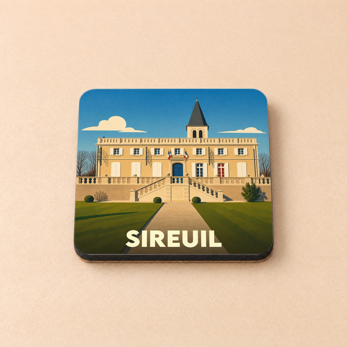 Dessous de verre souvenir de la ville de Sireuil avec une illustration stylisée d'un bâtiment historique.