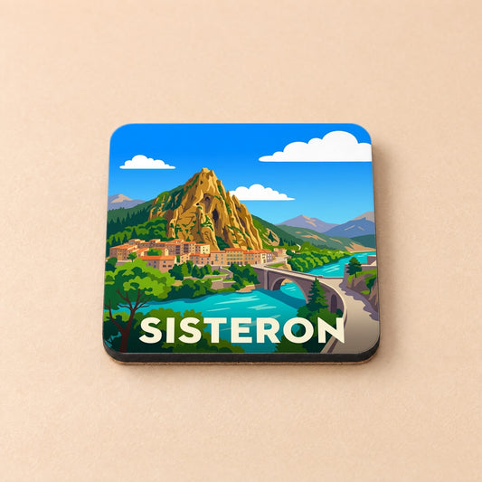 Dessous de verre souvenir de la ville de Sisteron avec une illustration stylisée d'un paysage montagneux.