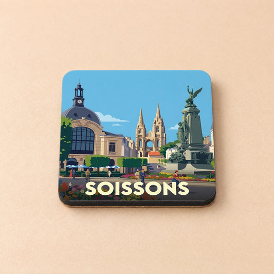 Dessous de verre souvenir de la ville de Soissons avec une illustration stylisée de ses monuments emblématiques.