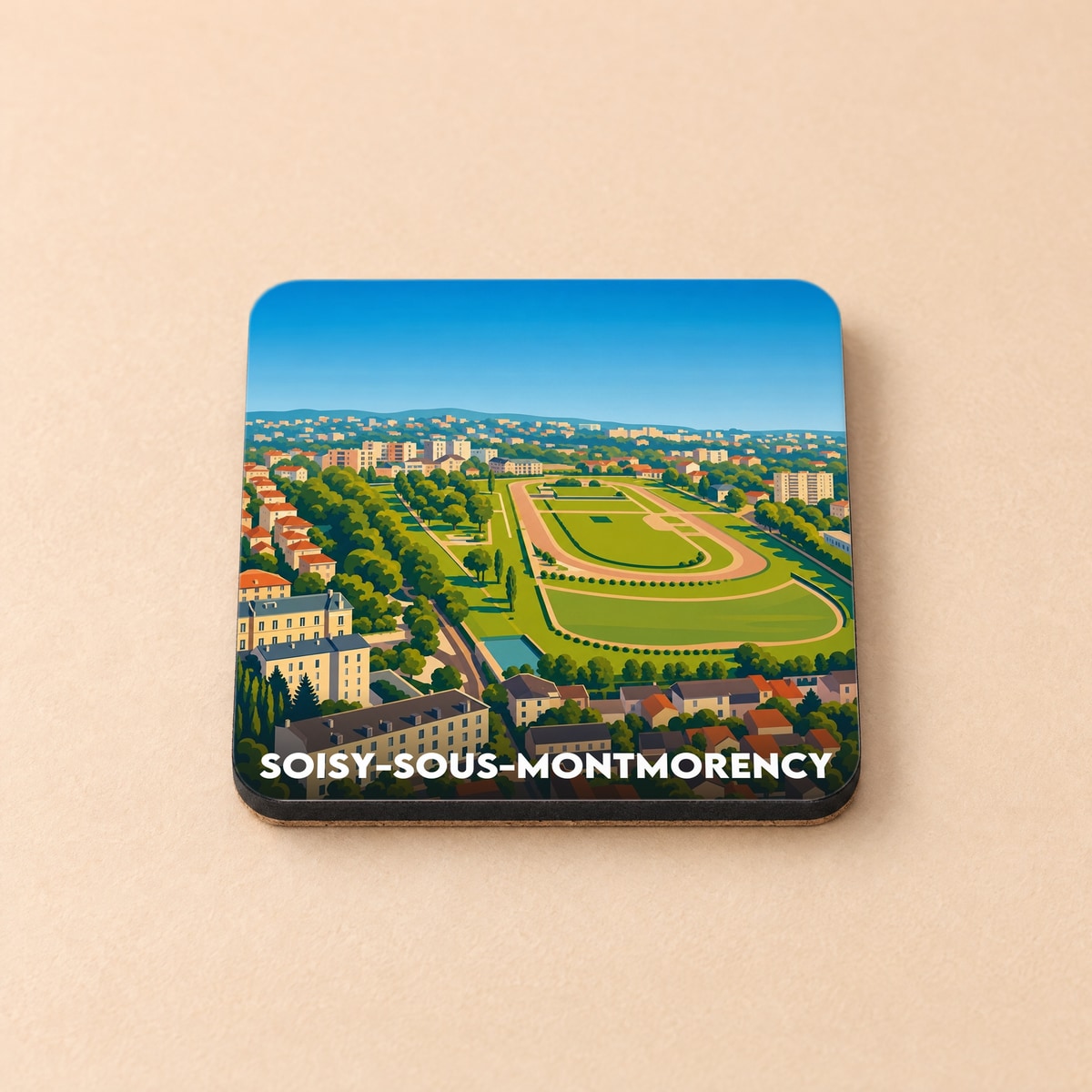 Dessous de verre souvenir de la ville de Soisy-sous-Montmorency avec une illustration stylisée de son hippodrome.
