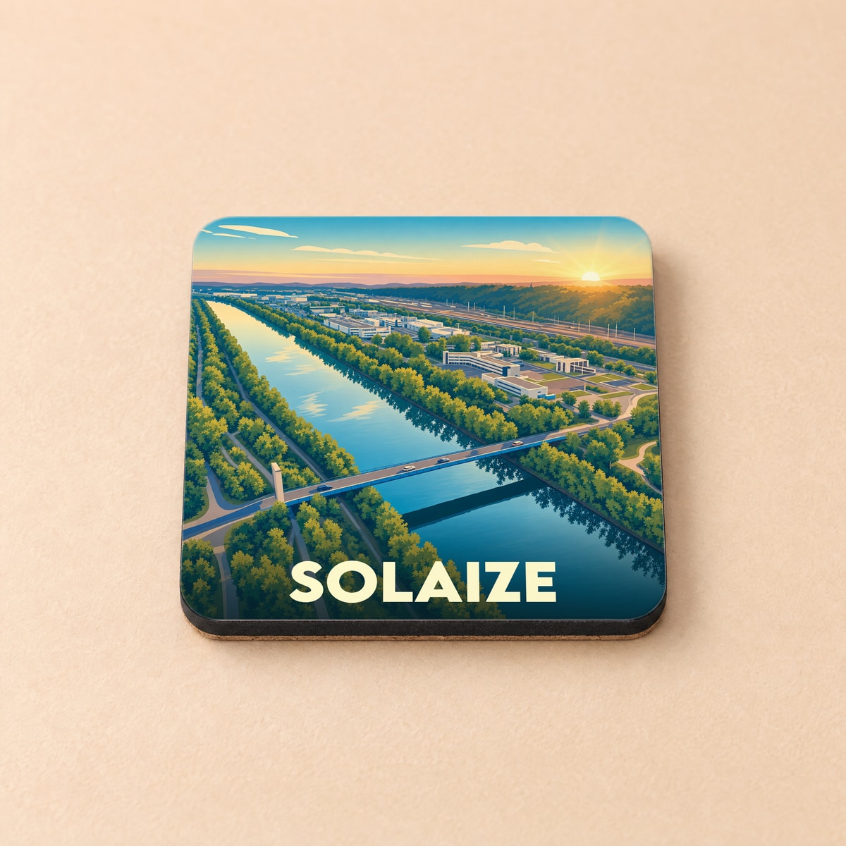 Dessous de verre souvenir de la ville de Solaize avec une illustration stylisée d'un paysage fluvial au coucher du soleil.