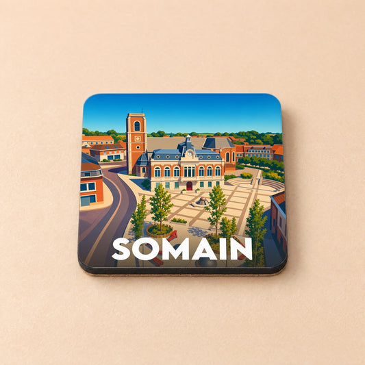 Dessous de verre souvenir de la ville de Somain avec une illustration stylisée de sa place centrale.