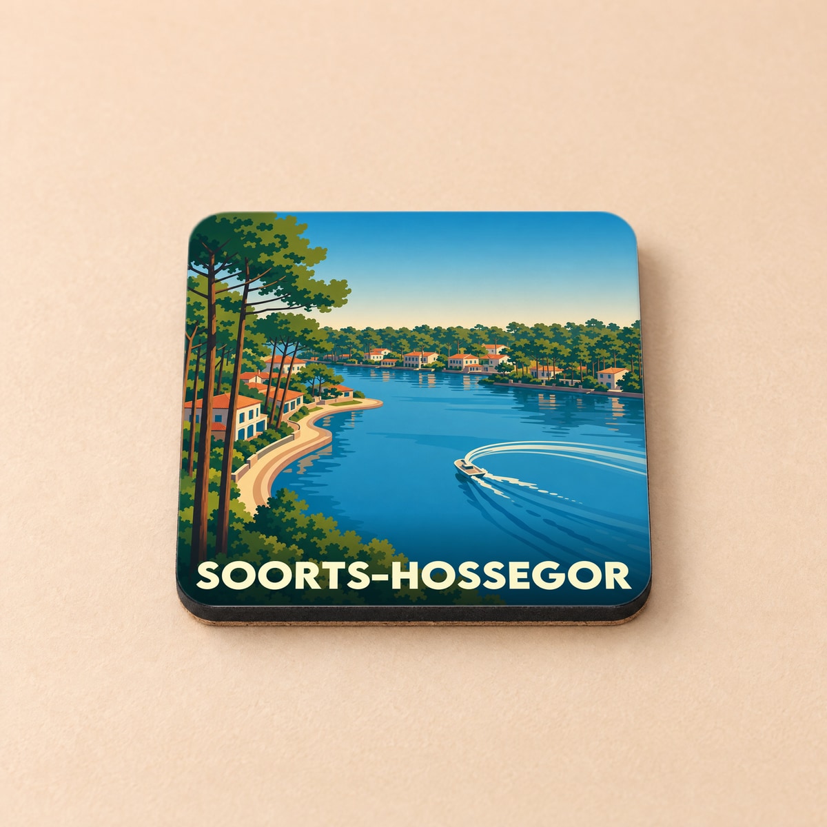 Dessous de verre souvenir de la ville de Soorts-Hossegor avec une illustration stylisée de son lac marin.