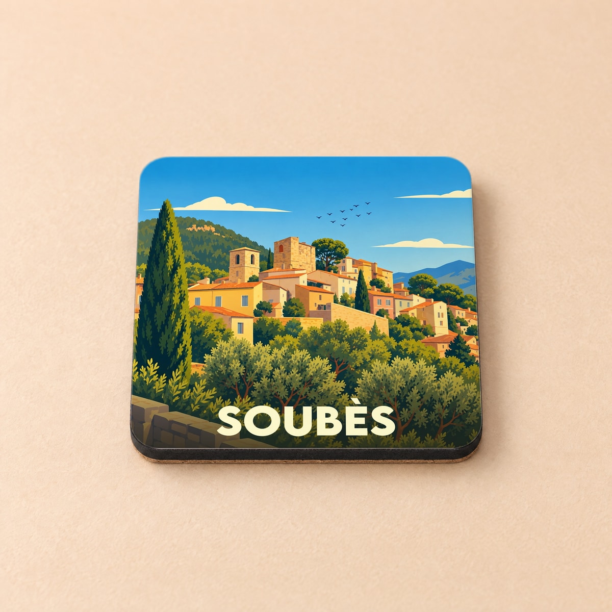 Dessous de verre souvenir de la ville de Soubès avec une illustration stylisée de son village perché.
