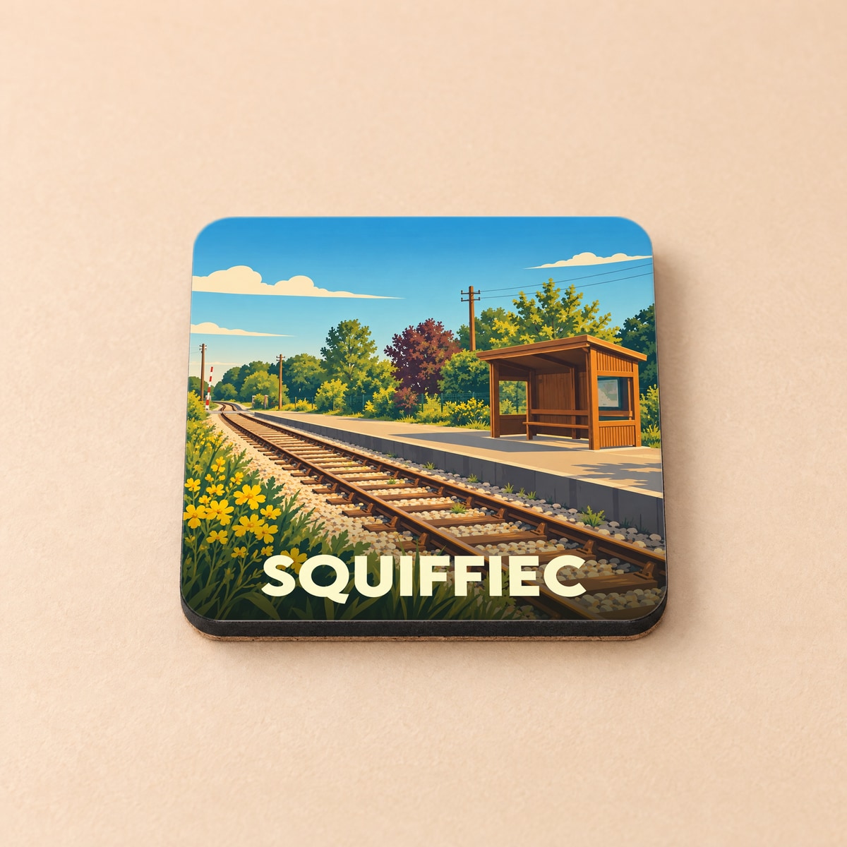 Dessous de verre souvenir de la ville de Squiffiec avec une illustration stylisée d'une gare de campagne.