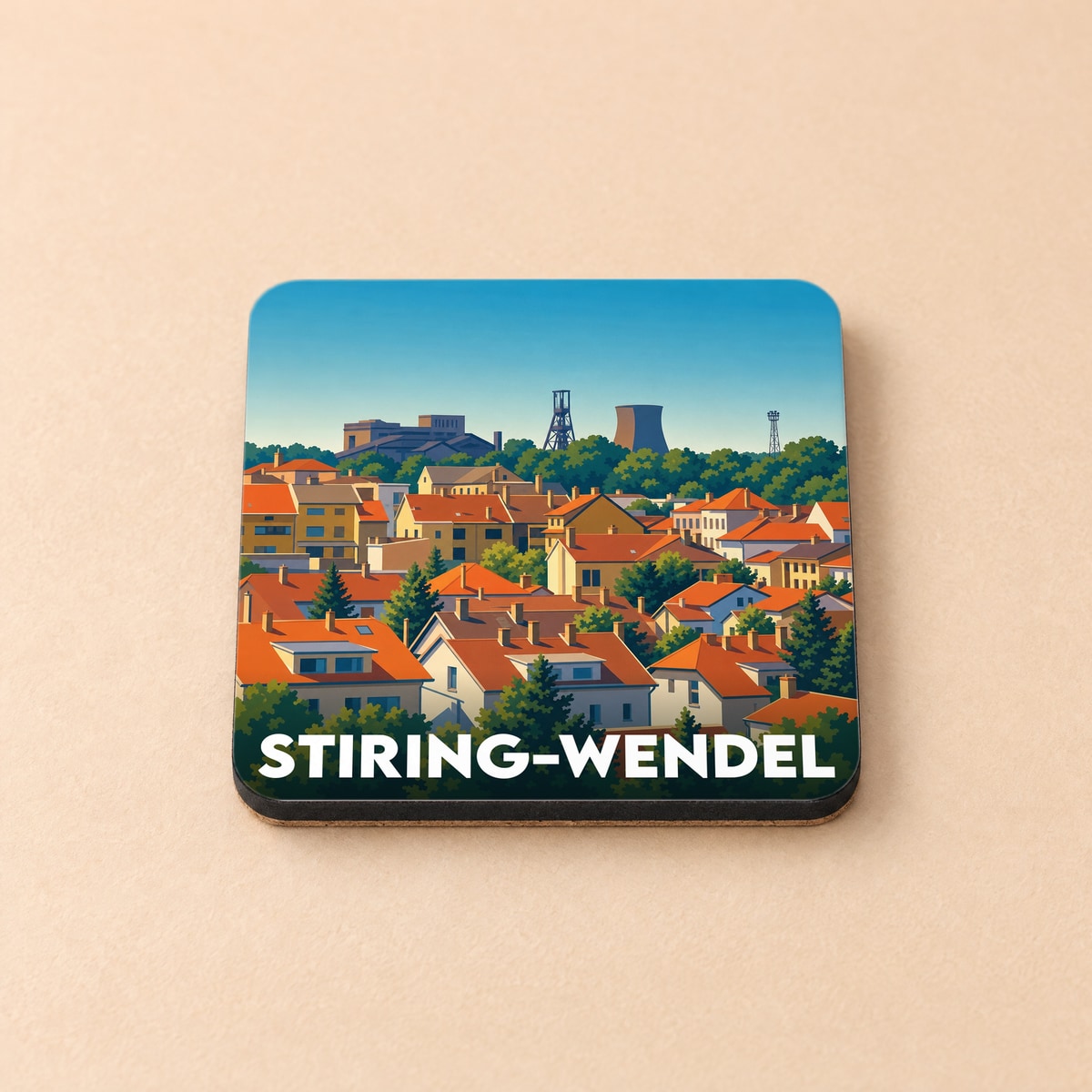 Dessous de verre souvenir de la ville de Stiring-Wendel avec une illustration stylisée.