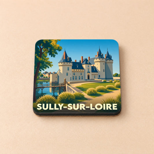 Dessous de verre souvenir de la ville de Sully-sur-Loire avec une illustration stylisée de son château médiéval.
