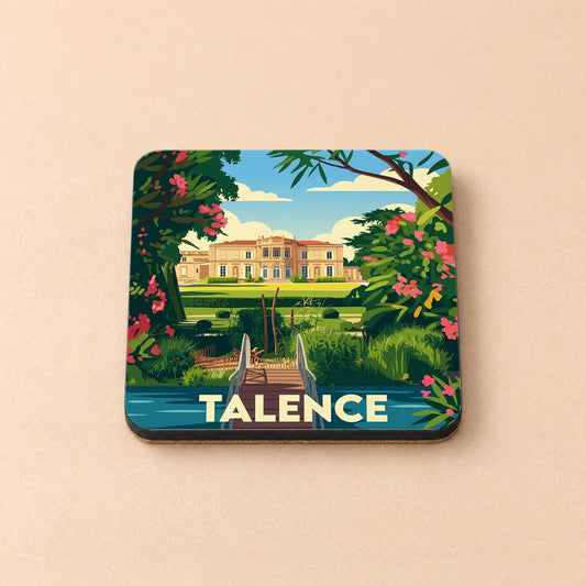 Dessous de verre souvenir de la ville de Talence avec une illustration stylisée d'un château et de son parc.