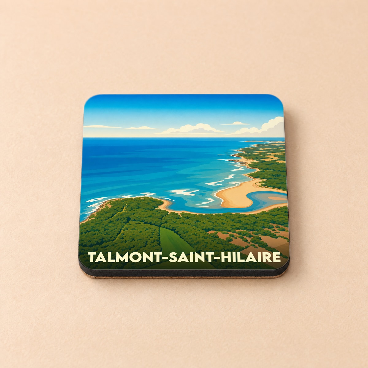 Dessous de verre souvenir de la ville de Talmont-Saint-Hilaire avec une illustration stylisée de son littoral.