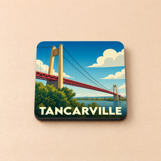 Dessous de verre souvenir de la ville de Tancarville avec une illustration stylisée de son pont suspendu.