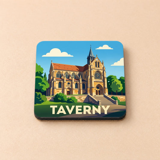 Dessous de verre souvenir de la ville de Taverny avec une illustration stylisée de son église.