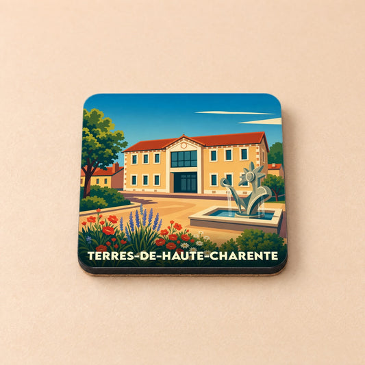 Dessous de verre souvenir de la ville de Terres-de-Haute-Charente avec une illustration stylisée d'un bâtiment et d'une fontaine.