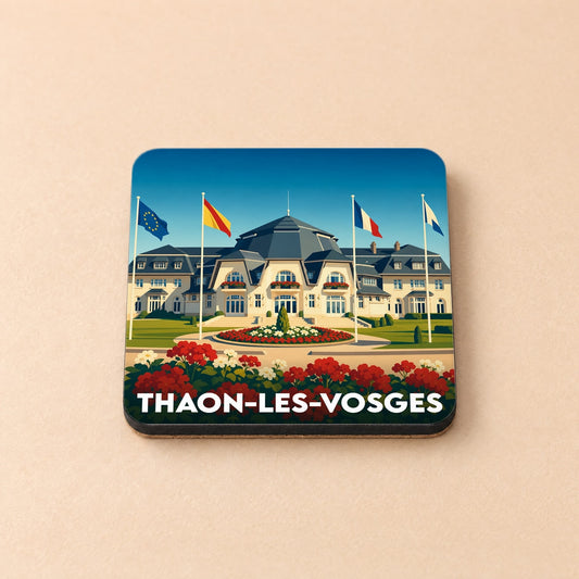 Dessous de verre souvenir de la ville de Thaon-les-Vosges avec une illustration stylisée de son patrimoine architectural.