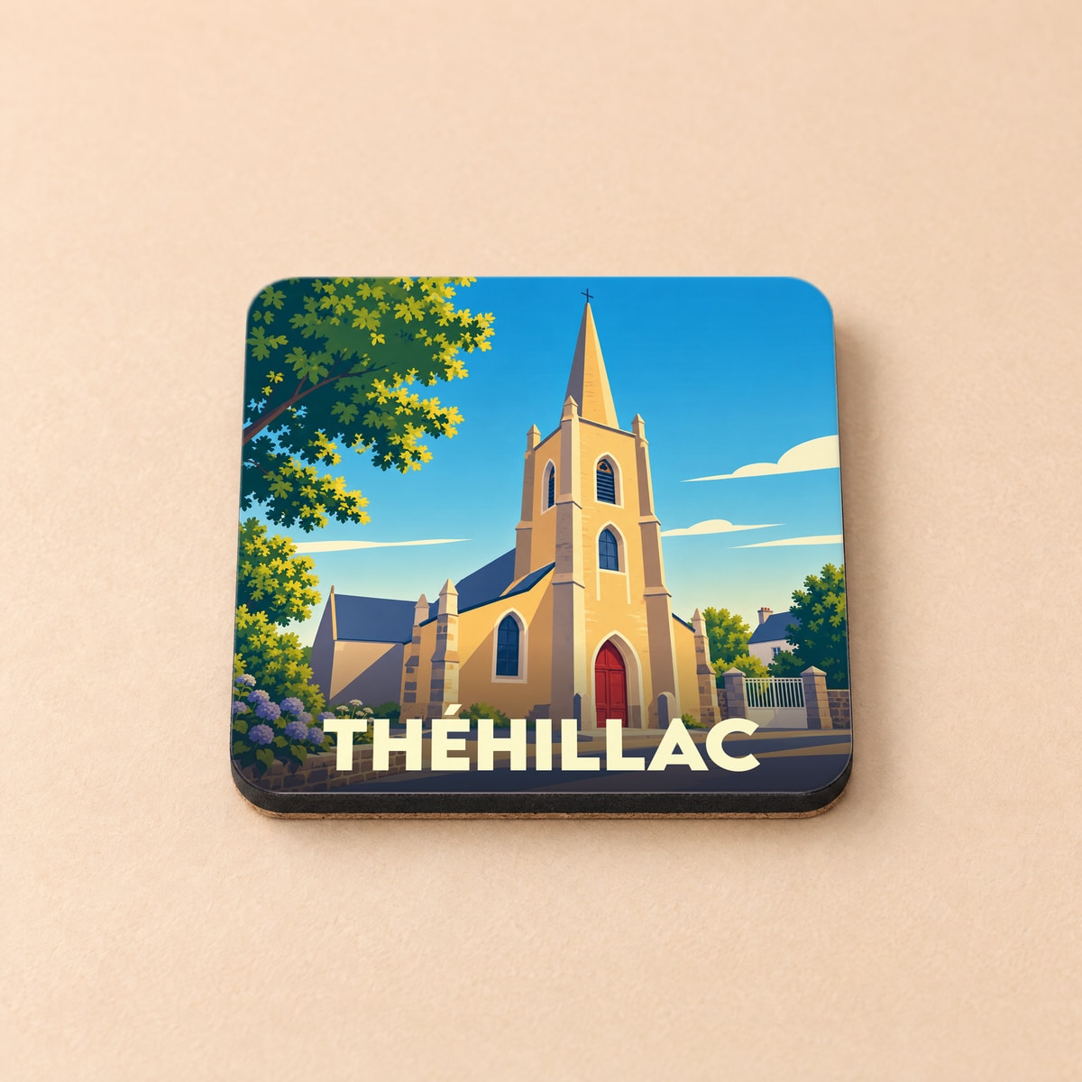 Dessous de verre souvenir de la ville de Théhillac avec une illustration stylisée de son église.