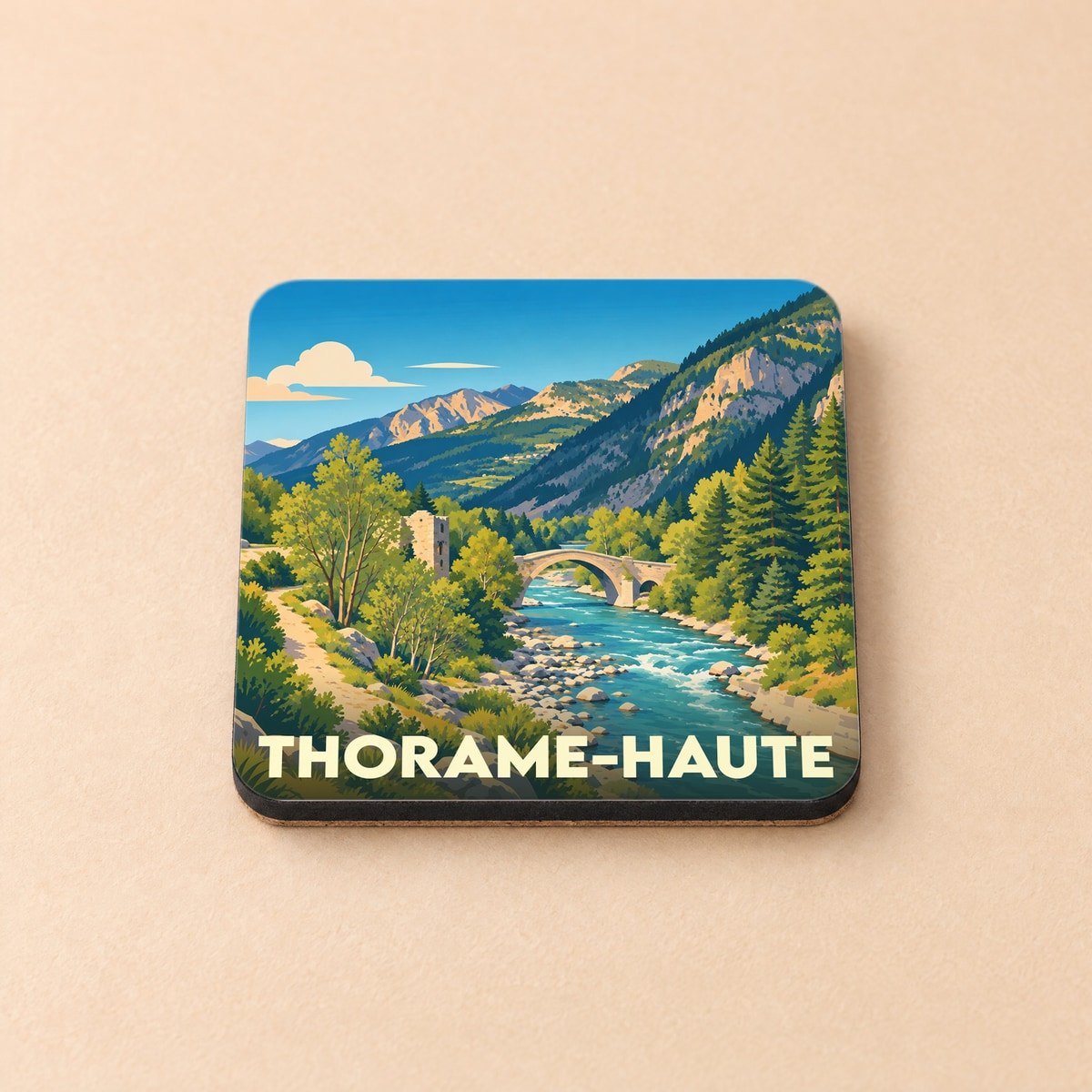 Dessous de verre souvenir de la ville de Thorame-Haute avec une illustration stylisée de montagne et de rivière.