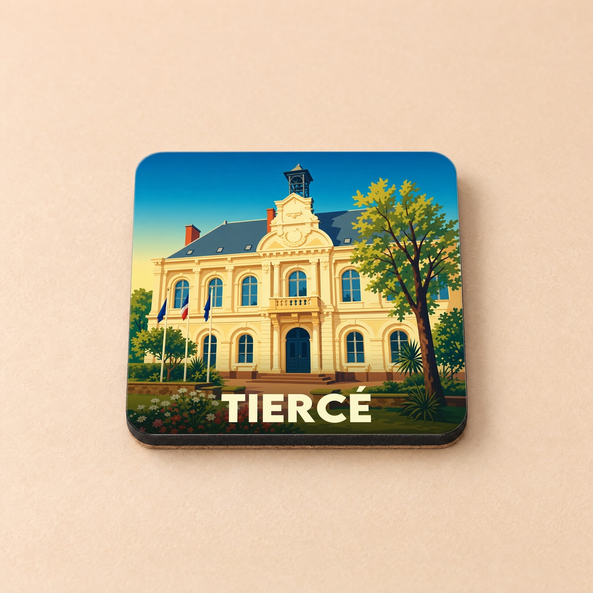 Dessous de verre souvenir de la ville de Tiercé illustrant l'hôtel de ville dans un style graphique épuré.