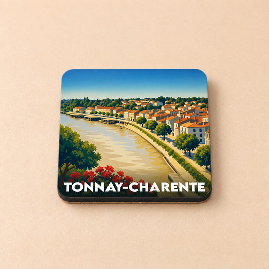 Dessous de verre souvenir de la ville de Tonnay-Charente avec une illustration stylisée des bords de la Charente.