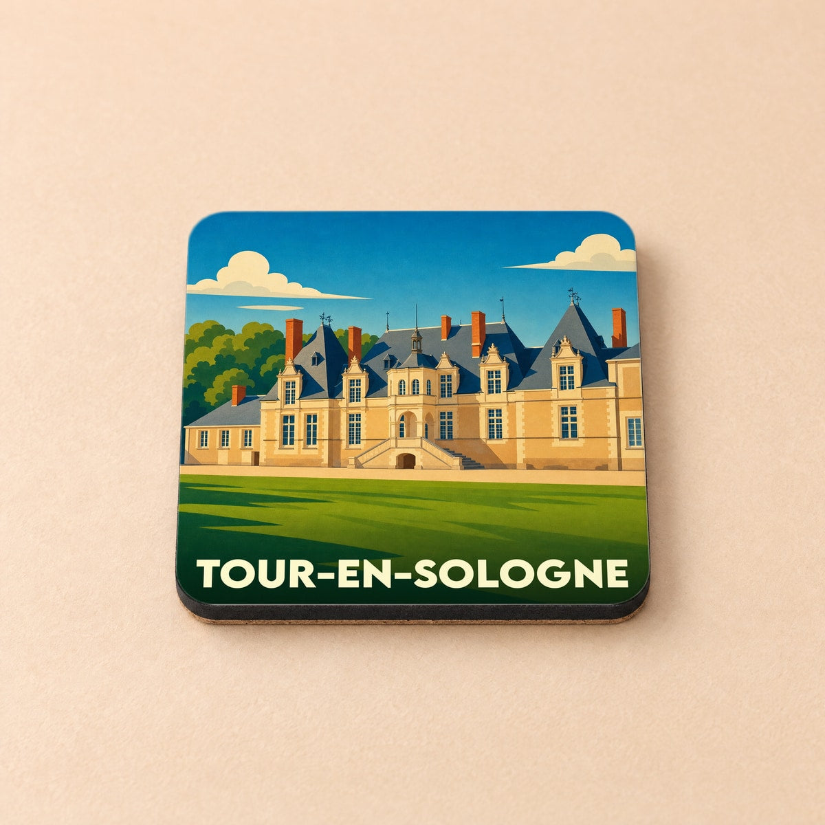 Dessous de verre souvenir de la ville de Tour-en-Sologne avec une illustration stylisée d'un château.