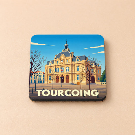 Dessous de verre souvenir de la ville de Tourcoing avec une illustration stylisée de l'hôtel de ville.