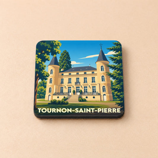 Dessous de verre souvenir de la ville de Tournon-Saint-Pierre avec une illustration stylisée d'un château.