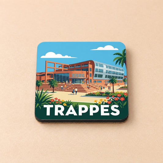 Dessous de verre souvenir de la ville de Trappes avec une illustration stylisée d'un bâtiment moderne.