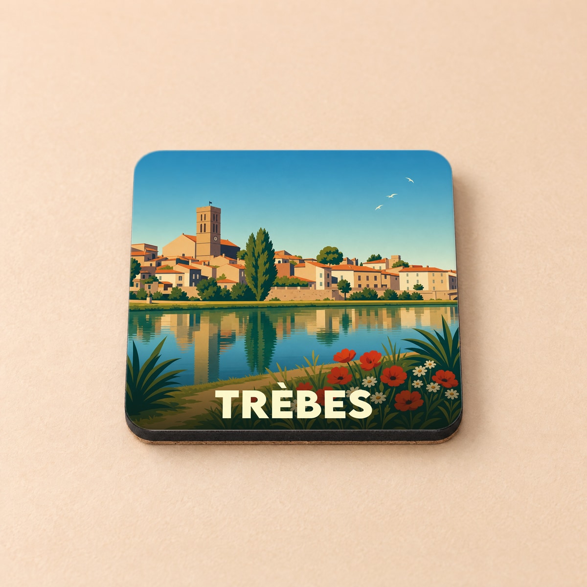 Dessous de verre souvenir de la ville de Trèbes avec une illustration stylisée d'un paysage fluvial.