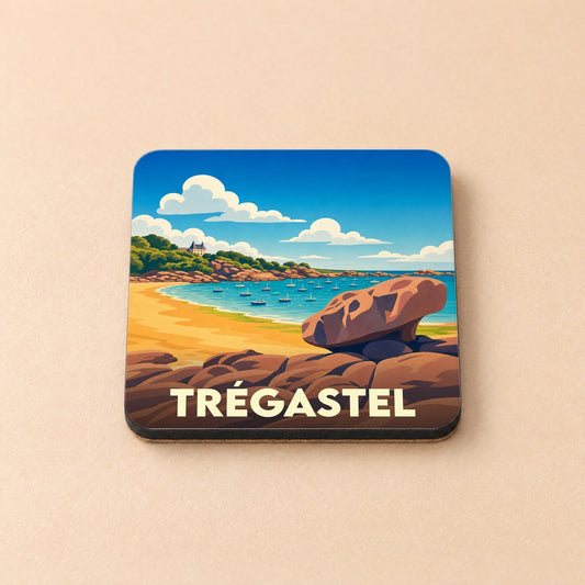 Dessous de verre souvenir de la ville de Trégastel avec une illustration stylisée de sa côte de granit rose.