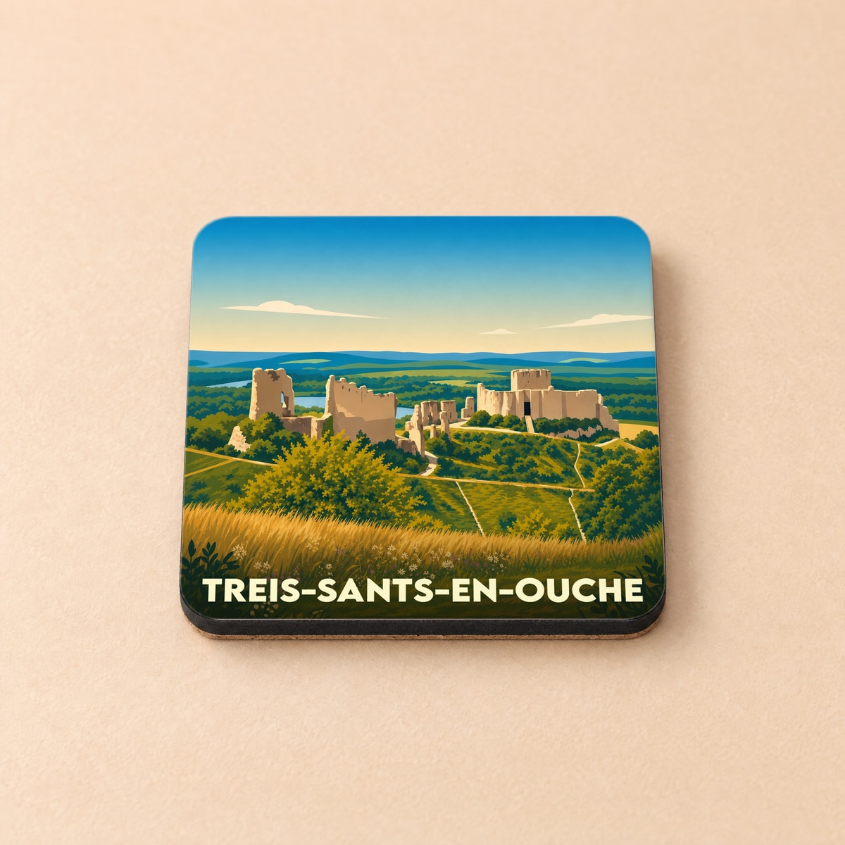 Dessous de verre souvenir de la ville de Treis-Sants-en-Ouche avec une illustration stylisée d'un château en ruines.