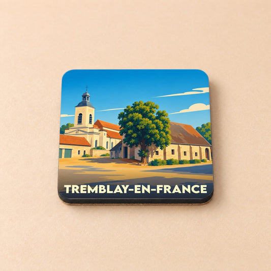 Dessous de verre souvenir de la ville de Tremblay-en-France avec une illustration stylisée de son église et de son patrimoine.