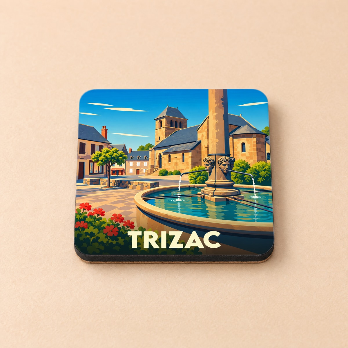 Dessous de verre souvenir de la ville de Trizac avec une illustration stylisée d'une fontaine et d'une église.
