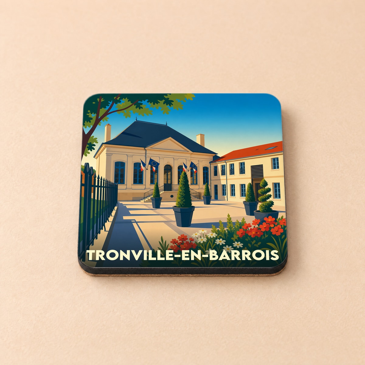 Dessous de verre souvenir de Tronville-en-Barrois avec une illustration stylisée de la mairie.