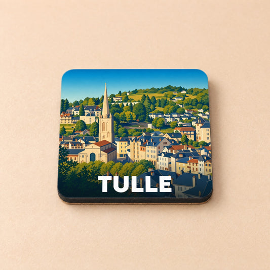 Dessous de verre souvenir de la ville de Tulle avec une illustration stylisée.