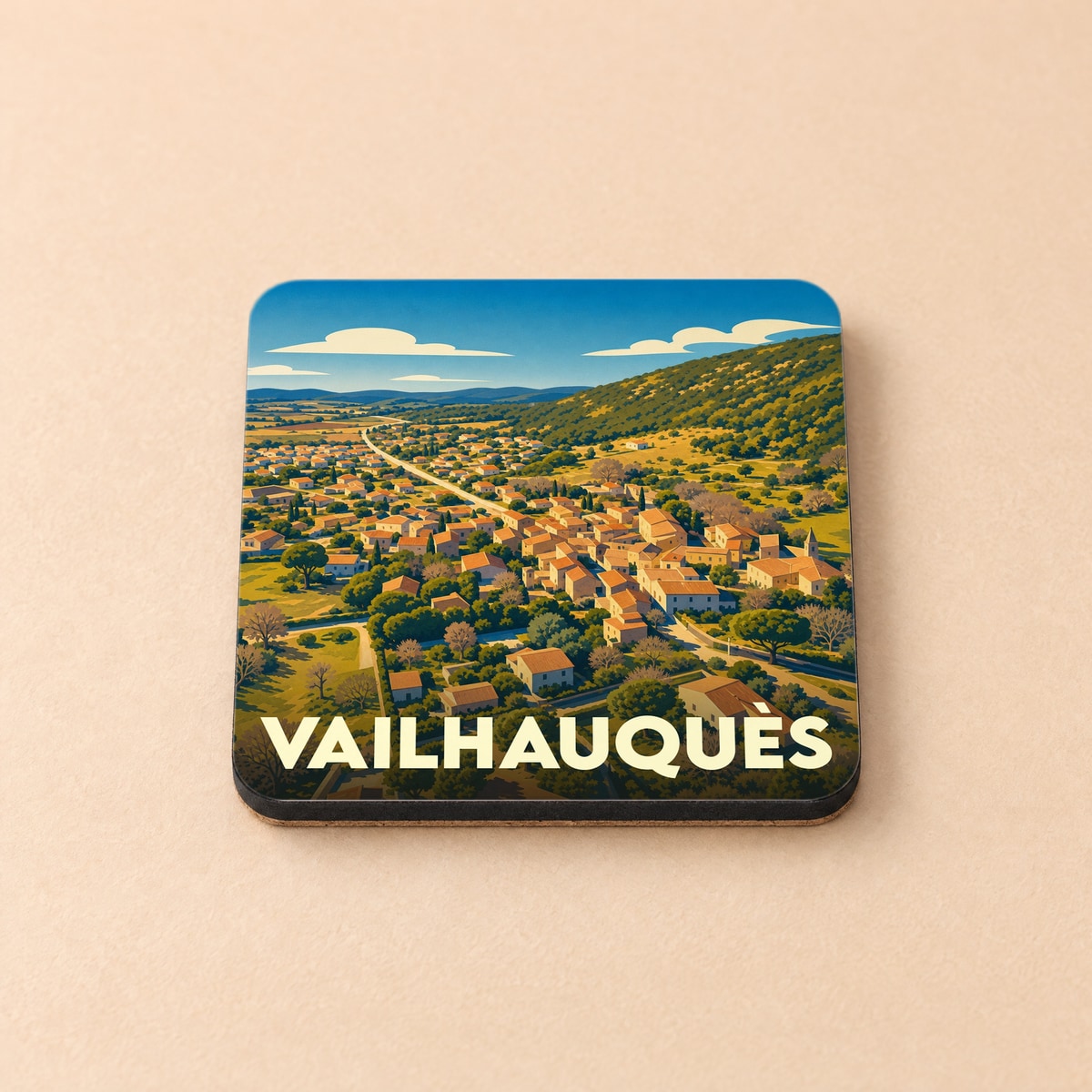 Dessous de verre souvenir de la ville de Vailhauquès avec une illustration stylisée d'un paysage de village provençal.