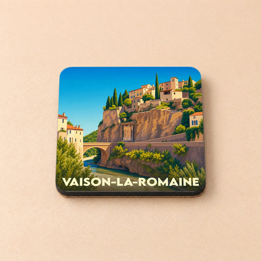 Dessous de verre souvenir de la ville de Vaison-la-Romaine avec une illustration stylisée.