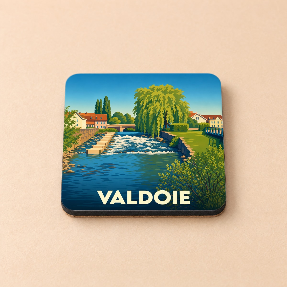 Dessous de verre souvenir de la ville de Valdoie avec une illustration stylisée des bords de la Savoureuse.