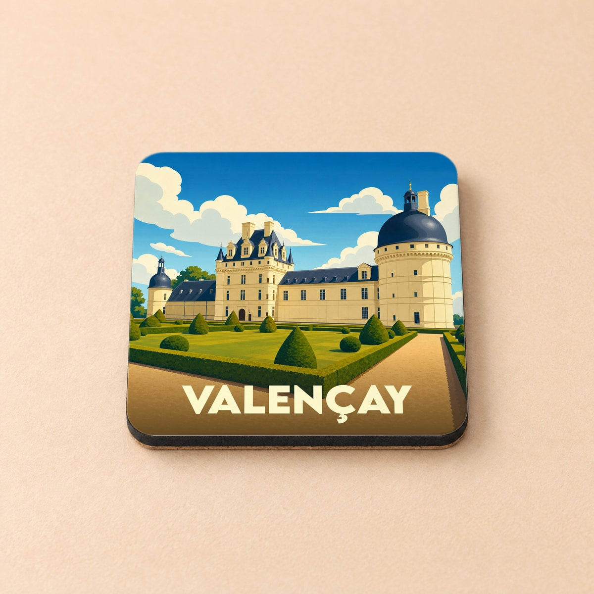 Dessous de verre souvenir de la ville de Valençay avec une illustration stylisée de son château.