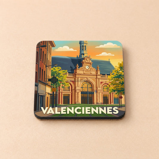 Dessous de verre souvenir de la ville de Valenciennes avec une illustration stylisée de son architecture.