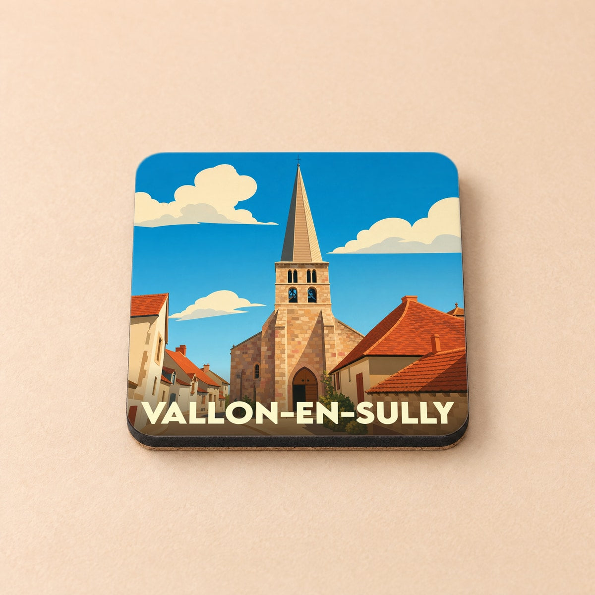 Dessous de verre souvenir de la ville de Vallon-en-Sully avec une illustration stylisée de son église.