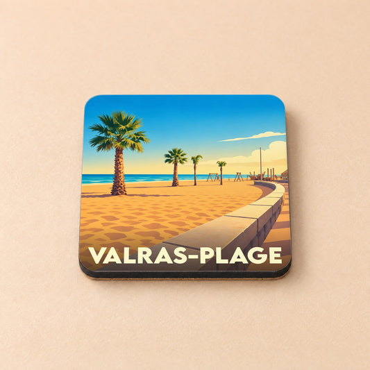 Dessous de verre souvenir de Valras-Plage orné d'une illustration stylisée de la plage et ses palmiers.
