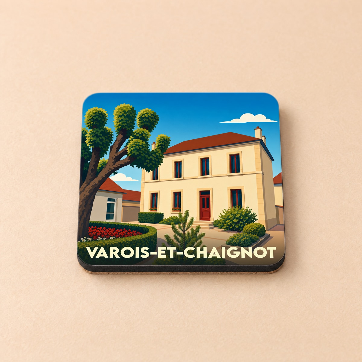 Dessous de verre souvenir de la ville de Varois-et-Chaignot avec une illustration stylisée d'une maison de village.