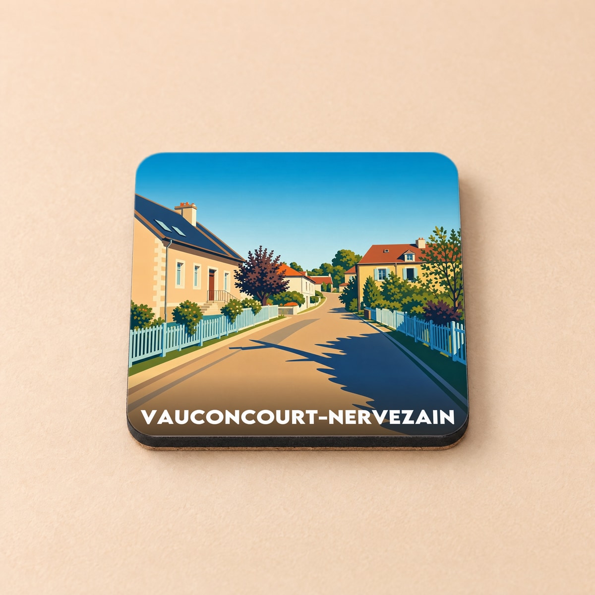 Dessous de verre souvenir de la ville de Vauconcourt-Nervezain avec une illustration stylisée d'une rue de village.